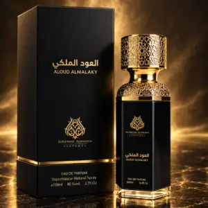 Aloud Almalaky Eau de Parfum 100ml by Alfakhamah Almalakia Perfumes, black and gold bottle with box