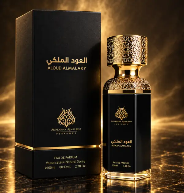 ChatGPT Image Sep 9, 2026, 07_36_52 PM Aloud Almalaky Eau de Parfum 100ml by Alfakhamah Almalakia Perfumes, black and gold bottle with box